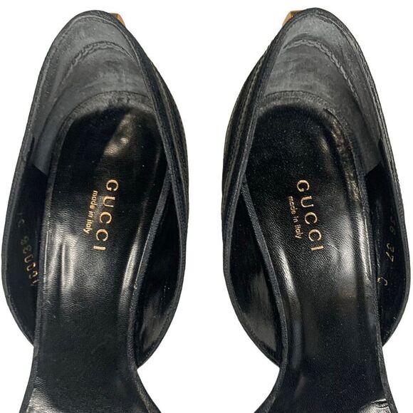Gucci Black Monogram D’Orsay Heels Size 37C Gold Horsebit Chain Detail Authentic - Picture 3 of 12